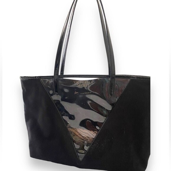 Victoria's Secret BLK Shimmer Canvas Tote Clear Plastic Front V Panel Tiger Bag - Picture 12 of 13